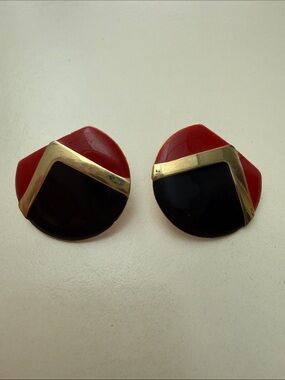 Red and Black Geometric Gold-Trim Earrings